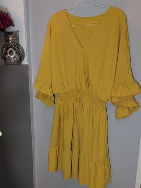 Yellow Ruffle Sleeve V-Neck Dress
